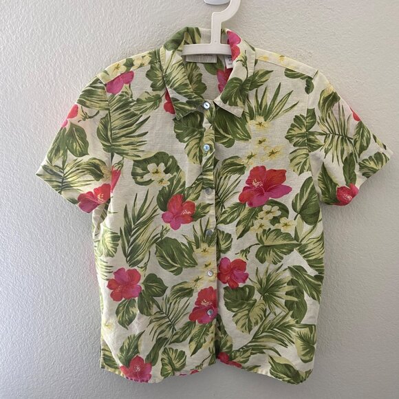 Lemon Grass Button Down Blouse Linen Blend Floral Print Short Sleeves Sz S - Picture 1 of 5